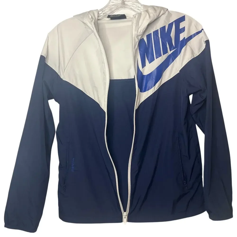 Nike Big Kids Boys Windrunner Jacket Navy White Blue Logo Hooded Full Zip Sz M